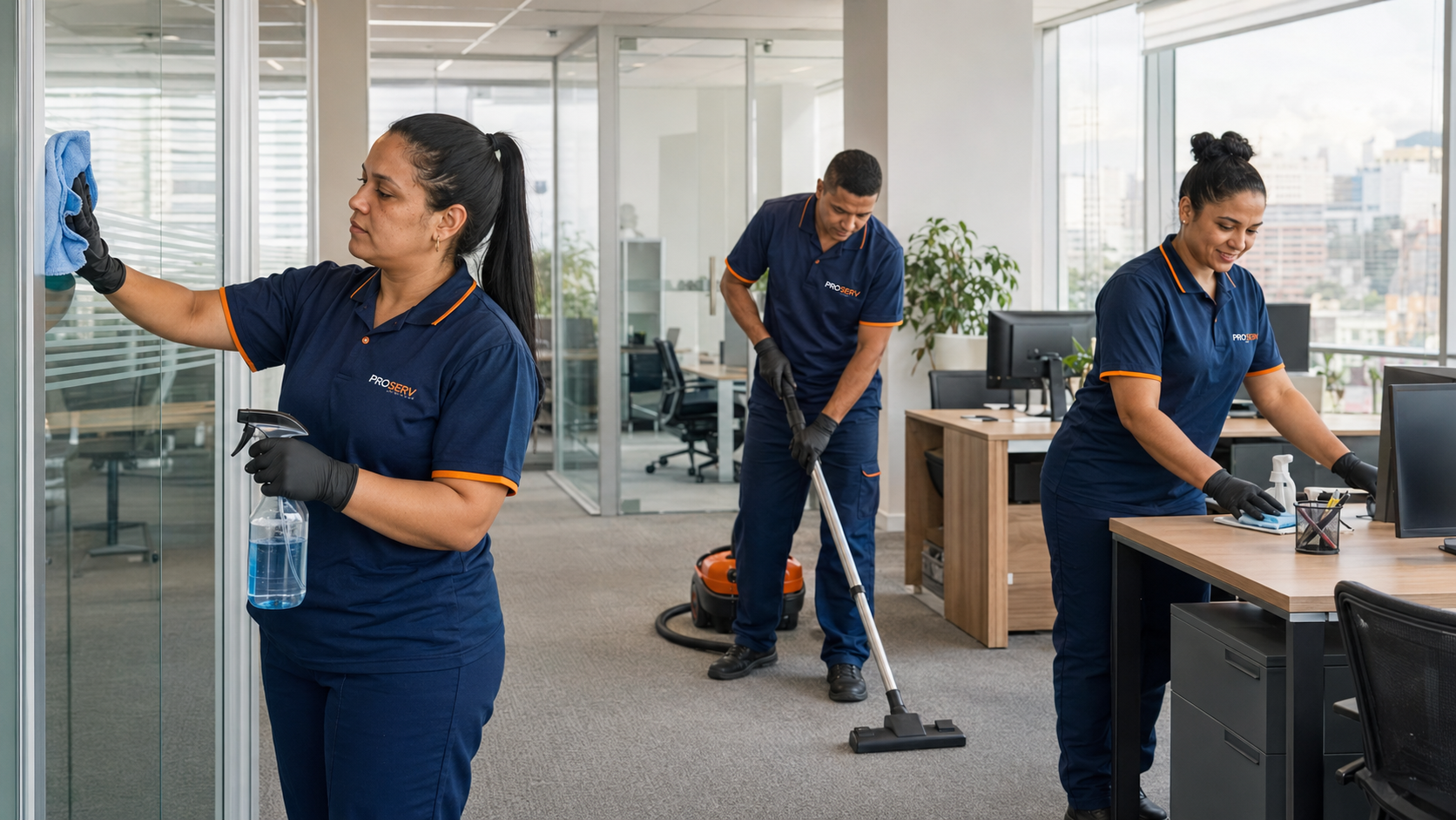Equipe Proserv realizando limpeza em escritório
