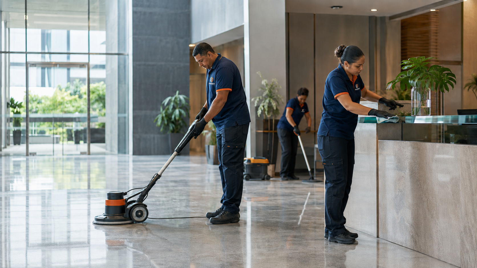 Equipe de limpeza em ambiente empresarial